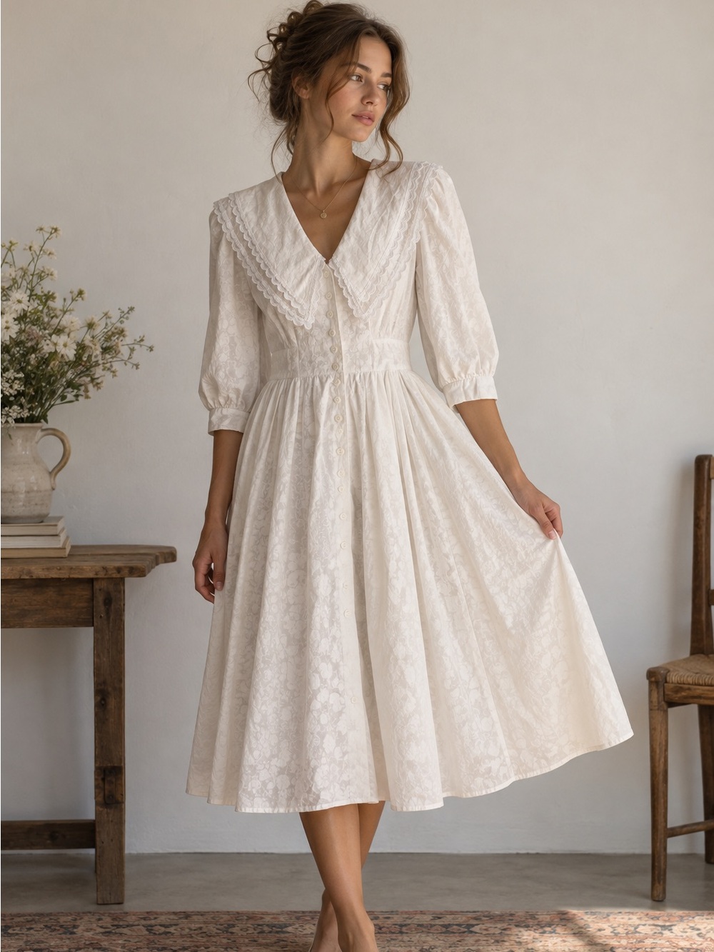 Vintage White Prairie Dress Lace Sailor Collar Cottagecore Romantic Midi 7/8 S
